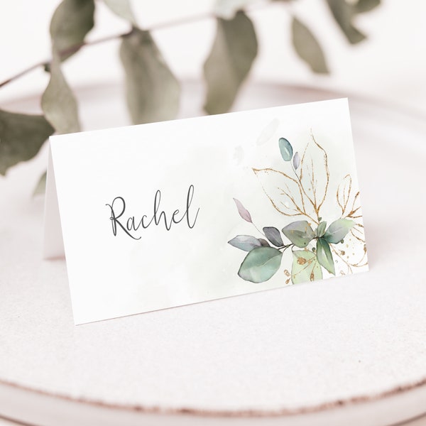Gold Leaf Wedding Place Cards, Eucalyptus Place Names, Foliage Wedding Seating Cards, Wedding Table Setting, Sage Tent Cards