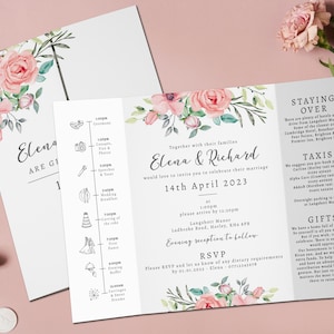 Blush Floral Wedding Invitation, Floral Rose Gatefold Wedding Invites, Dusty Pink Folded Wedding Invite, Timeline Wedding Invitation