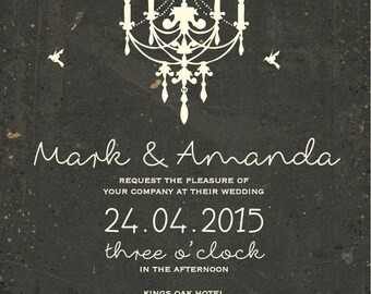 50 Old Rustic Chalk Board Chandelier Vintage candle birds Wedding Invitations!