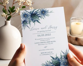 Scottish Thistle Wedding Invitation, Navy Blue Floral, Rustic Romance