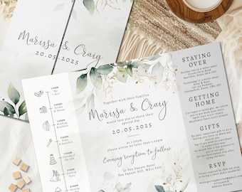 Gold Leaf Wedding Invitation, Eucalyptus Wedding Invitations, Foliage Folded Wedding Invite, Timeline Wedding Invites, Greenery, Watercolor