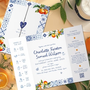Italienische Hochzeitseinladungen Blaue Fliesen, Orangen Oder Zitronen Hochzeitseinladung, Spanien Hochzeit lädt ein, Hochzeitsort Torfalter einladen, QR