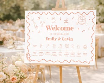 Retro Wedding Timeline Sign, Fun Scribble Wedding Schedule Poster, Large Printed, Any Colour Itinerary