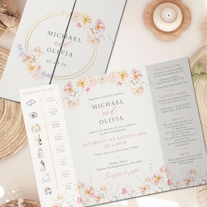 May include: Wedding invitation suite featuring floral accents and the names "MICHAEL and OLIVIA." The invitation includes the wedding date, time, and location. The design incorporates a gold circular frame and a timeline of events.