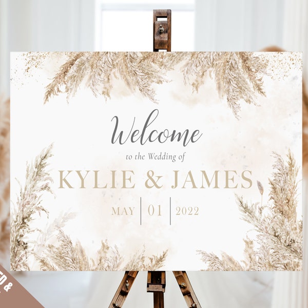 Pampas Wedding Welcome Sign, Boho Wedding Signs, Neutral Wedding Welcome Signage, Large, Printed