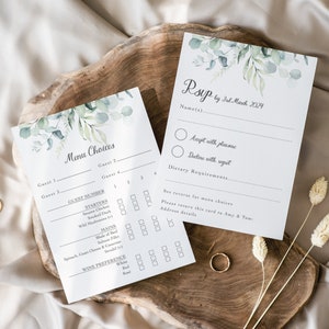 RSVP-kaart bruiloft eucalyptus, reactiekaart bruiloft, antwoordkaart, RSVP-kaart, reactie van gasten, kaart menukeuze, eucalyptus, salie