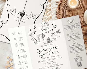 Fun Hand Drawn Wedding Invitation, Doodle & Scribble Wedding Invite, Unique Custom Wedding Card