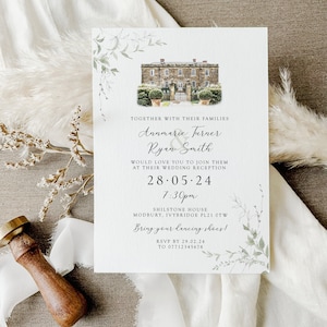 Veranstaltungsort Aquarell Hochzeitseinladung, Empfang Hochzeitseinladungen mit Veranstaltungsort-Skizze, Abendveranstaltungsort lädt mit Veranstaltungsortmalerei ein