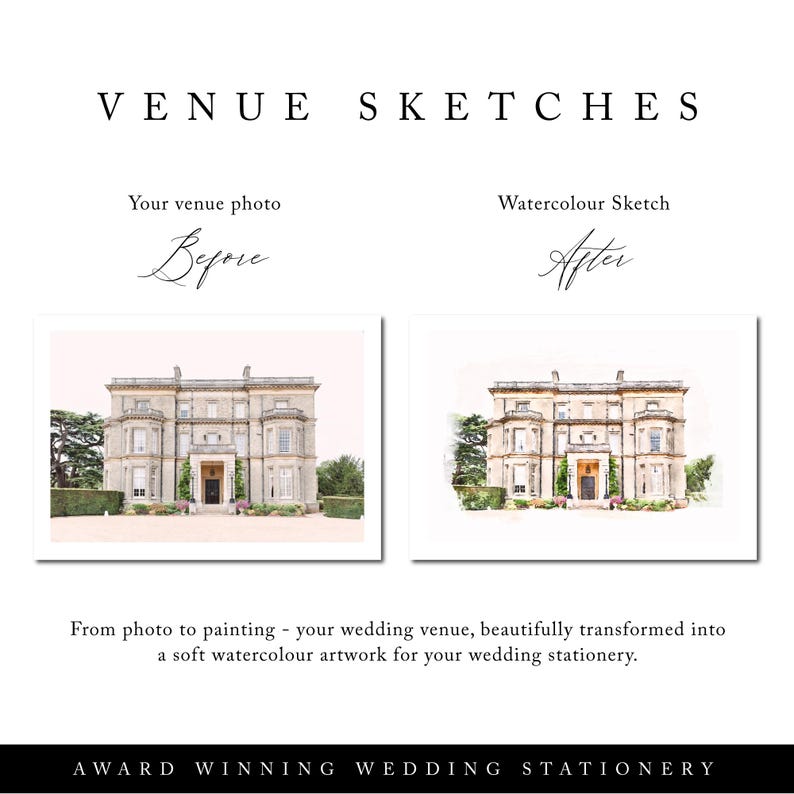 Może przedstawiać: Obraz promocyjny dla papeterii ślubnej przedstawiający por&oacute;wnanie zdjęcia miejsca i szkicu akwarelowego. Tekst brzmi "VENUE SKETCHES" i "AWARD WINNING WEDDING STATIONERY". Szkic akwarelowy to bardziej miękkie, artystyczne odwzorowanie budynku.