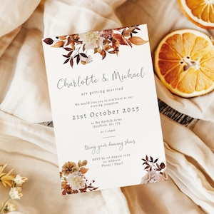 Inviti rustici per matrimonio autunnale, invito per matrimonio serale floreale autunnale, inviti per matrimonio autunnale, invito per ricevimento serale arancione bruciato