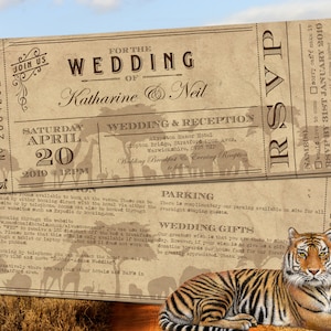 Tier Safari Hochzeitseinladung | Zoo Hochzeit einladen | Bestimmungsort Hochzeitseinladungen | Im Ausland Hochzeit lädt ein | Ticket-Hochzeitseinladung