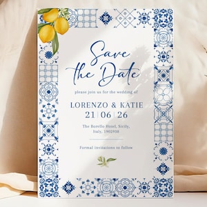 Reserva la fecha mediterránea, reserva la fecha para boda con azulejos azules italianos, invitación con limón, Sorrento, Amalfi