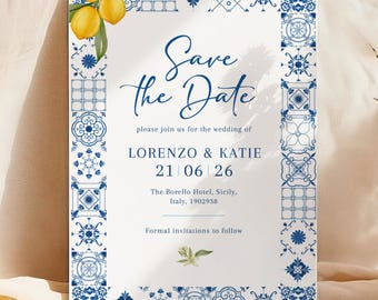 地中海のSave the Date、イタリアの青いタイルを使った結婚式のSave the Date、レモンの招待状、ソレント、アマルフィ