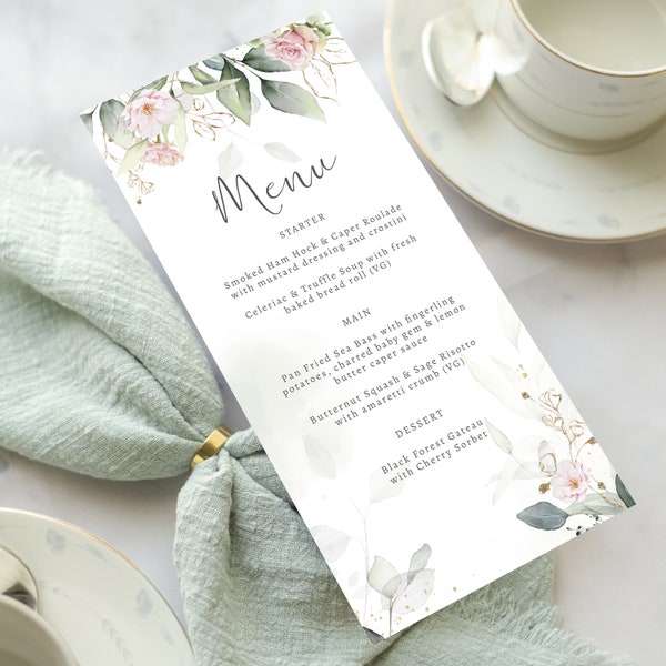 Gold Leaf Blush Rose Wedding Menu, Foliage Wedding Menus, Eucalyptus Wedding Menus, Wedding Breakfast Menu Cards, Drinks Menu