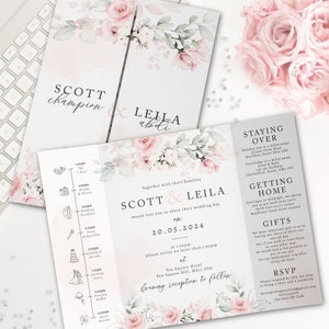 Blush Blumenhochzeitseinladung, rosa Rose Torfalter Hochzeitseinladungen, Luxus Hochzeit einladen, mit Timeline Hochzeitseinladung