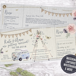 Festival Hochzeitseinladungen, Boho Festival lädt ein, rustikale Hochzeit lädt ein, Hessian, Shabby Chic