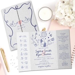Blaue Hand gezeichnete Hochzeitseinladungen, lustige Gekritzel-Hochzeitseinladung, einzigartige und moderne Torfalter