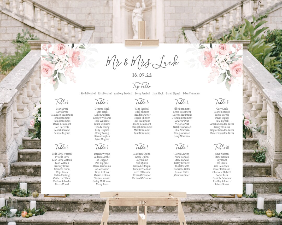 Pale Blush Floral Wedding Table Plan, Pink Floral Wedding Seating Chart
