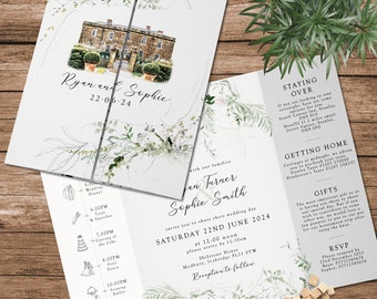 Venue Sketch Wedding Invitations, Gatefold Venue Painting Invites, Personalised Wedding Invitation, Foliage Wedding Invite with Timeline