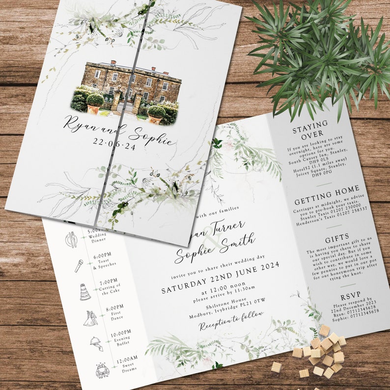 Venue Sketch Wedding Invitations, Gatefold Venue Painting Invites, Personalised Wedding Invitation, Foliage Wedding Invite with Timeline