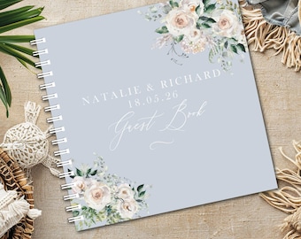 Dusty Blue Wedding Guest Book, Floral Personalised Reception Guestbook, Photo Album Scrapbook, Wedding Gift for Couple Keepsake, Engagement