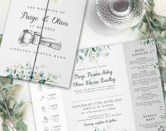 Eucalyptus Wedding Invitations, Venue Sketch Wedding Invites, Venue Drawing, Unique Wedding Invitation, Foliage Wedding Invite with Timeline