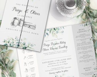 Eucalyptus Wedding Invitations, Venue Sketch Wedding Invitation, With Venue Drawing, Unique Invitation, Foliage Wedding Invite with Timeline