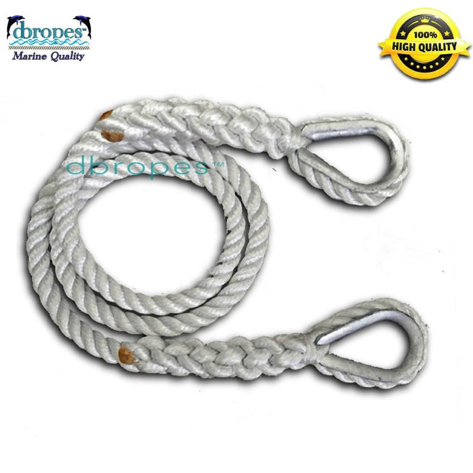 1/2 3 Strand Mooring Pendant 100 Nylon Premium Rope Line With 2 Thimbles TS 6400 Lbs. Lengths