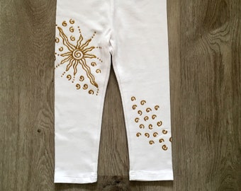 Children sun leggings, toddler sparkly gold pants, hand painted kids clothing outfit size 18-24  months