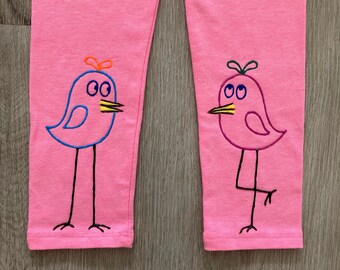Toddler birds leggings, hand painted kids spring pants, children nature outfit, size 3T