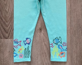 Toddler fish leggings, kids ocean pants, children hand painted turquoise leggings, size 18 months