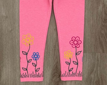 Toddler flowers leggings,  kids spring hand painted pants, children garden nature outfit,  size 4T