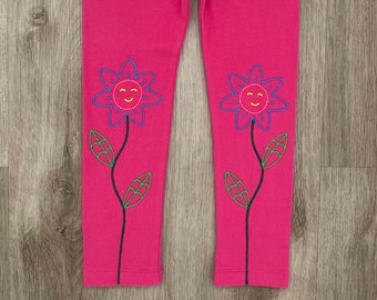 Toddler smiling flowers leggings, kids hand painted pants, children nature outfit, size 4T