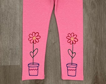 Toddler flower in pot leggings, kids hand painted leggings,  children nature leggings, size 3T