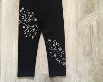 Toddler moon and stars leggings, kids sparkly silver pants, hand painted children outfit size 18-24 months
