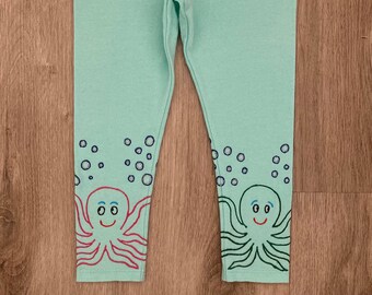 Toddler octopus leggings,  kids turquoise ocean pants, children hand painted leggings, size 24 Months