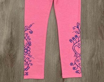 Toddler leggings hand painted with sparkly henna design, kids pink leggings, sizes 3T and 4T