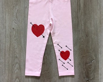 Children Valentine’s Day leggings, kids heart and arrows pants, hand painted toddler outfit size 18-24 months
