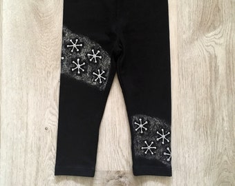 Kids snowflakes leggings, children sparkly stars pants, hand painted toddler baby outfit