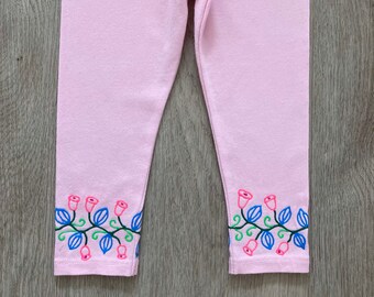 Flowers and leaves baby legging, toddler spring hand painted pants, children nature outfit size 18M