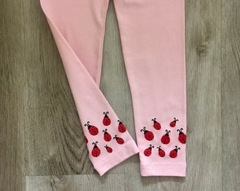 Toddler ladybugs leggings, baby ladybug clothes, kids spring hand painted pants, girl ladybug clothing costume, in gray leggings only!