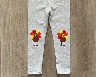 Kids Thanksgiving leggings, toddler turkey outfit, holiday children clothing, baby fall hand painted pants