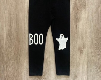 Toddler Ghost Leggings, Hand-Painted BOO Halloween Pants, Glow-in-the-Dark Design