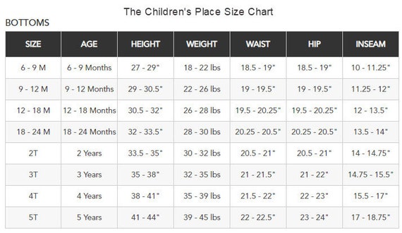 Size chart sales the children's place