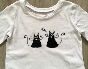 Toddler 1halloween Cats shirt, Hand painted children Boo long sleeve T-shirt, size 18-24 months
