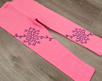 Kids flower leggings, toddler hand painted pants, children purple sparkly flowers outfit,  size 3T