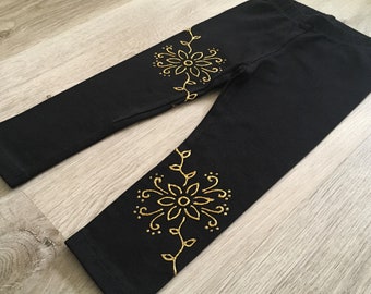Toddler flower leggings, children gold sparkly pants, hand painted kids outfit size 3T