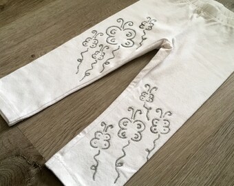 Children butterfly pants, kids silver sparkly leggings, hand painted toddler clothing outfit, size 18-24 months