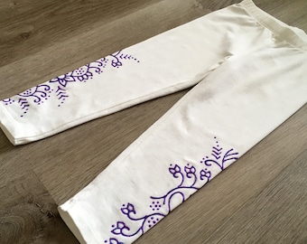 Heart and Flower Henna style white leggings for baby and toddler sizes 12-18, 18-24 months, 2T and 3T