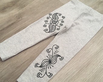 Toddler leggings hand painted with Henna design, kids gray leggings, size 18-24 months